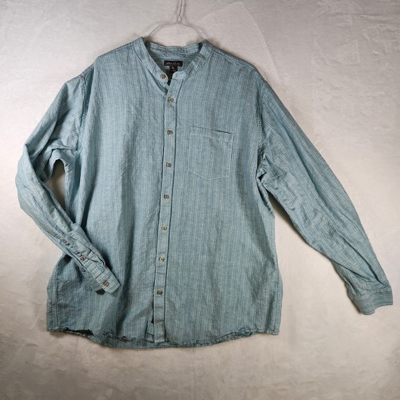 Eddie Bauer Mens T2XL Band Collar Striped Button Up Shirt Long Sleeve - Picture 1 of 8